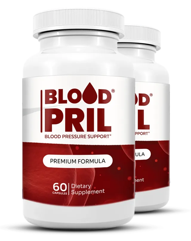 2 white BloodPril bottles with dark red labels, 60 capsules each