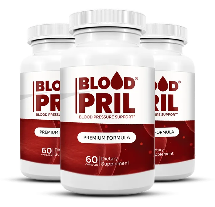3 white BloodPril bottles with dark red labels, 60 capsules each