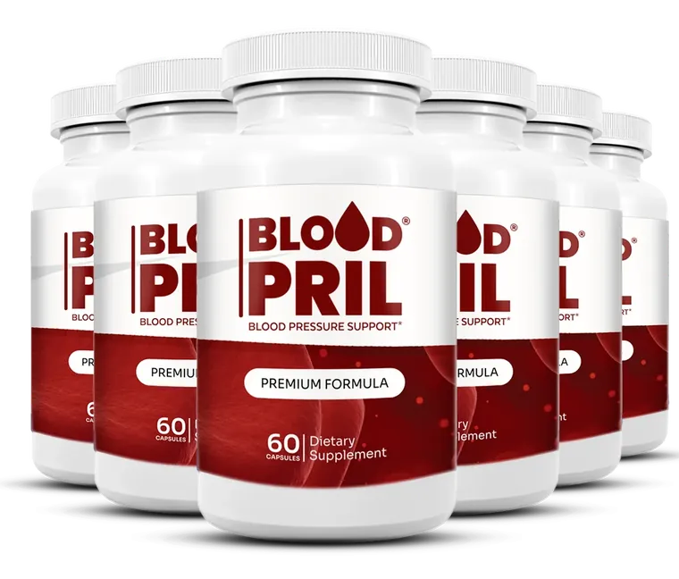 6 white BloodPril bottles with dark red labels, 60 capsules each
