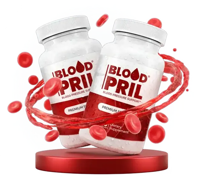 Two white BloodPril bottles on a red podium with a swirl of red liquid and floating red blood cells