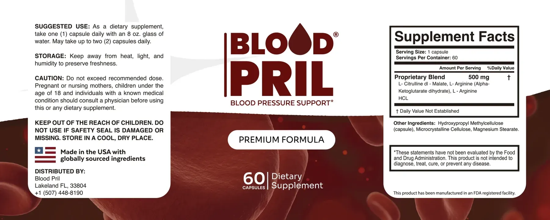 The full BloodPril label laid flat: suggested use, storage, caution and distributor on the left, the BLOOD PRIL wordmark in the middle, and the Supplement Facts panel on the right